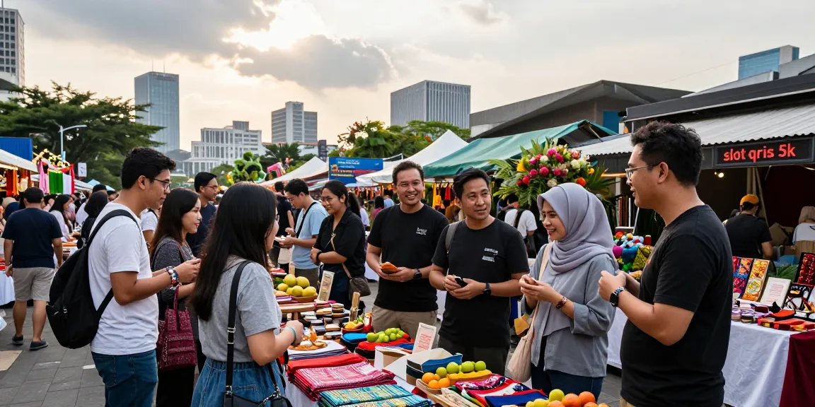 The vibrant atmosphere of a local marketplace during the slot qris 5k event, showcasing diverse friends discussing colorful handcrafted products.