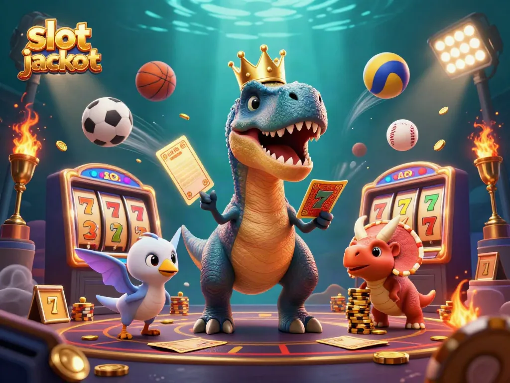 Experience the thrill of winning with slot jackpot in this vibrant casino-inspired scene featuring animated dinosaurs.