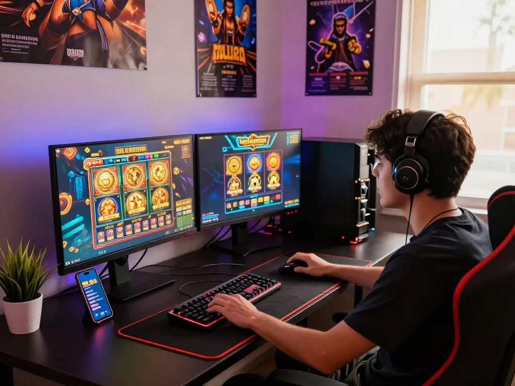 Player immersed in slot gacor game at colorful gaming setup, showcasing excitement and modern tech.