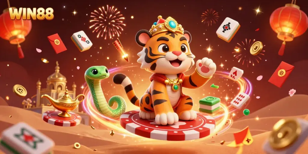 Engage with WIN88 in a vibrant casino realm featuring a tiger sultan on a flying carpet amidst festive symbols.