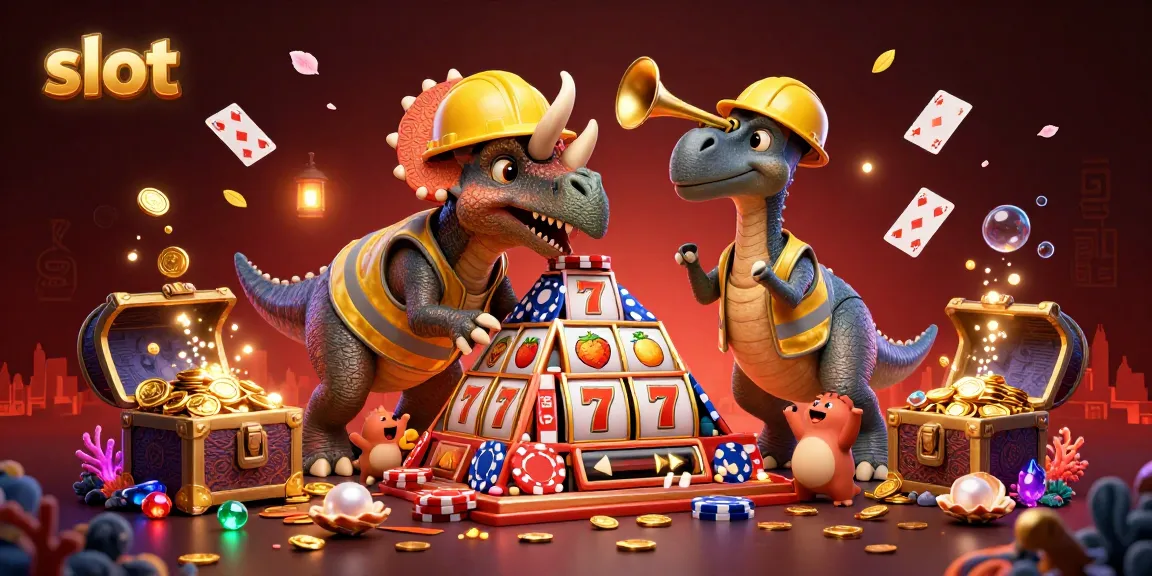 Engage with dynamic slot action as triceratops builds a poker chip tower surrounded by vibrant gaming elements.