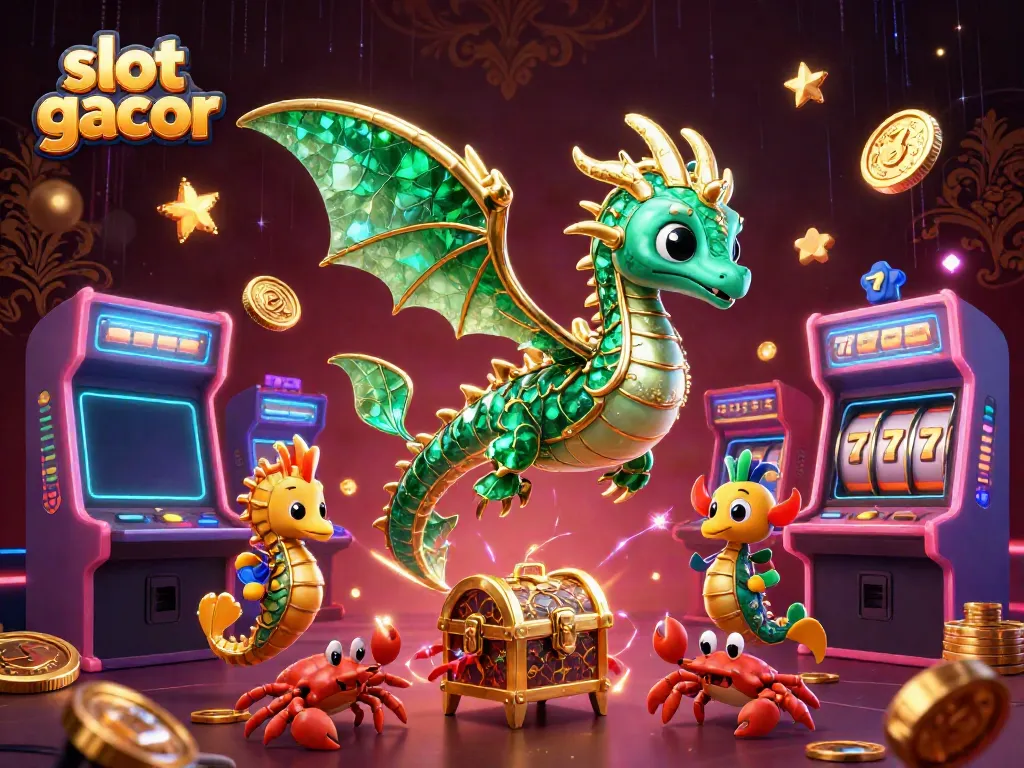 Engage with slot gacor illustration featuring a vibrant scene of a sea dragon, seahorse guards, and jackpot elements.
