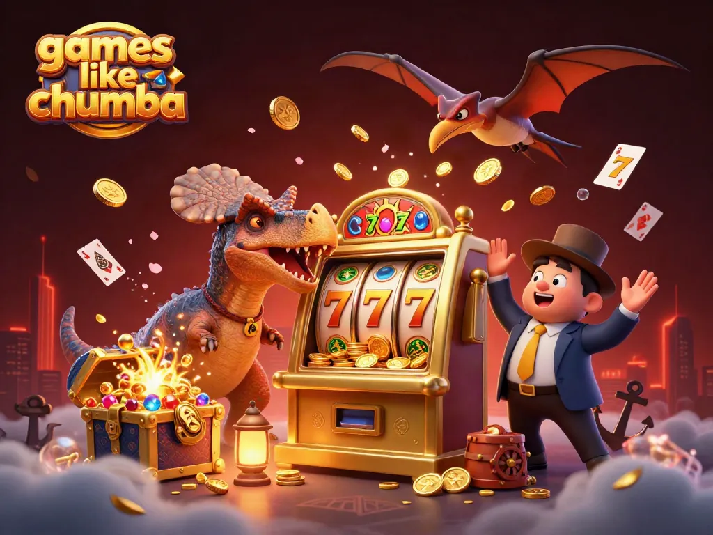 Playing games like chumba, a pteranodon catches flying coins and a dinosaur hits a jackpot.