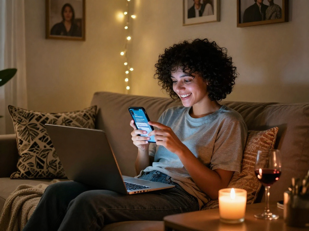 Engaging in ai sexting on a laptop in a cozy home setting with warm lighting.