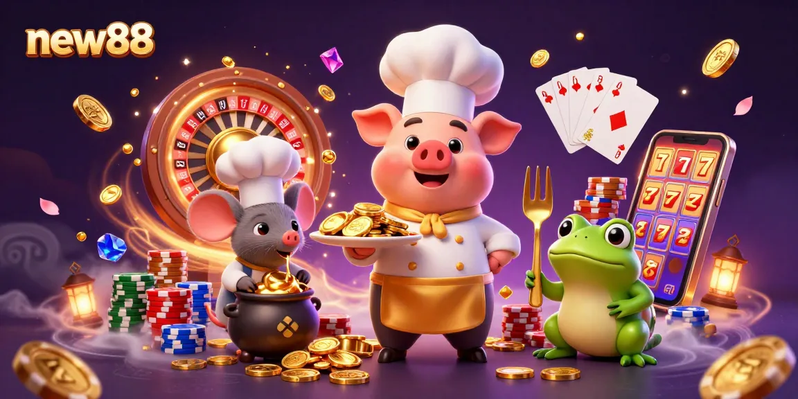 Experience the thrill of new88 with casino treasures delivered by a chef pig, mouse, and frog.