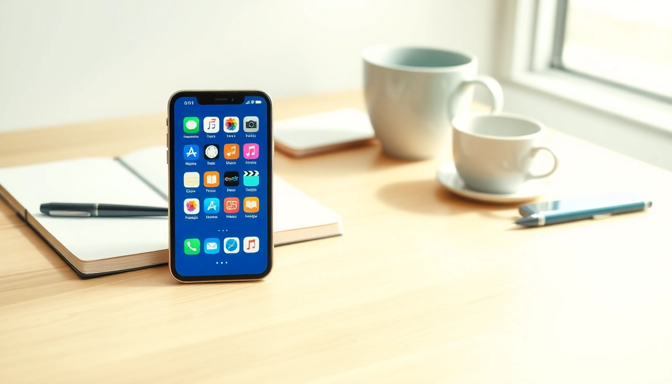 Showcase various iPhone apps displayed on a smartphone in a professional workspace.