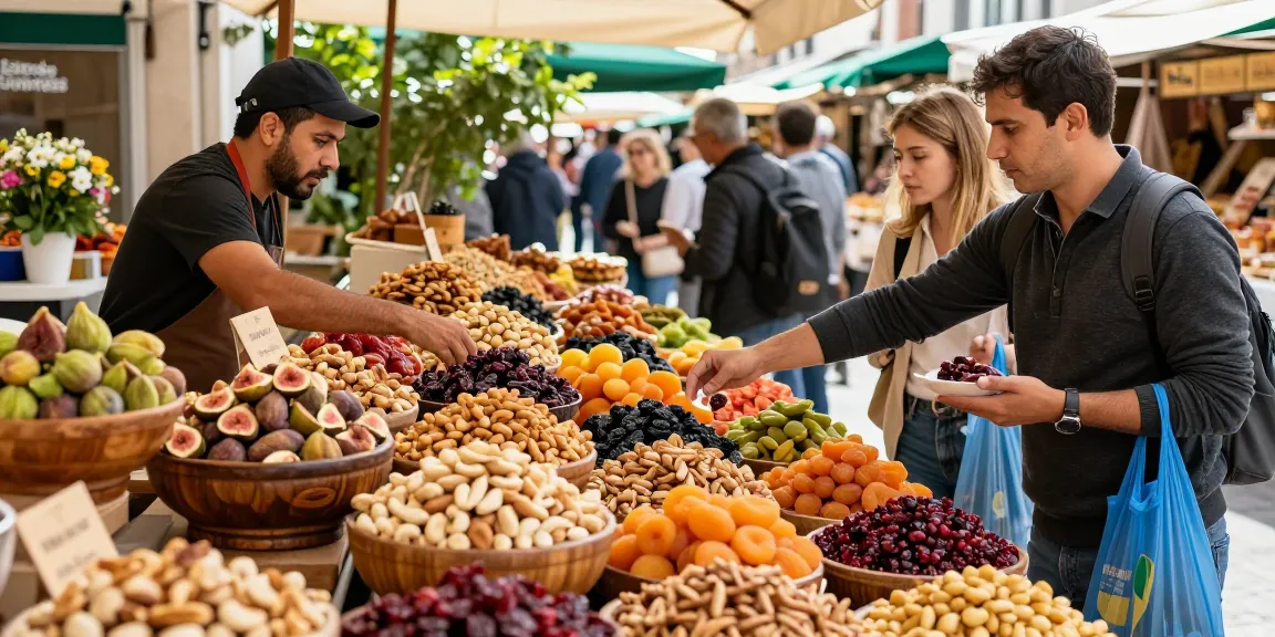 Fresh nuts and dried fruits at a market stall featuring M98 ฝาก-ถอน offers, enticing shoppers to explore healthy snacks.