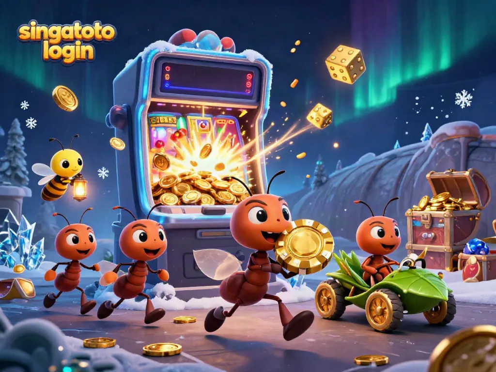 Join the heist with singatoto login as ants steal giant poker chips amidst a vibrant casino explosion.