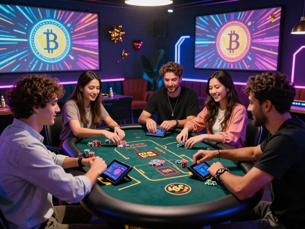 Exciting crypto casino experience with players engaged around a digital gaming table featuring cryptocurrency graphics and vibrant lighting.