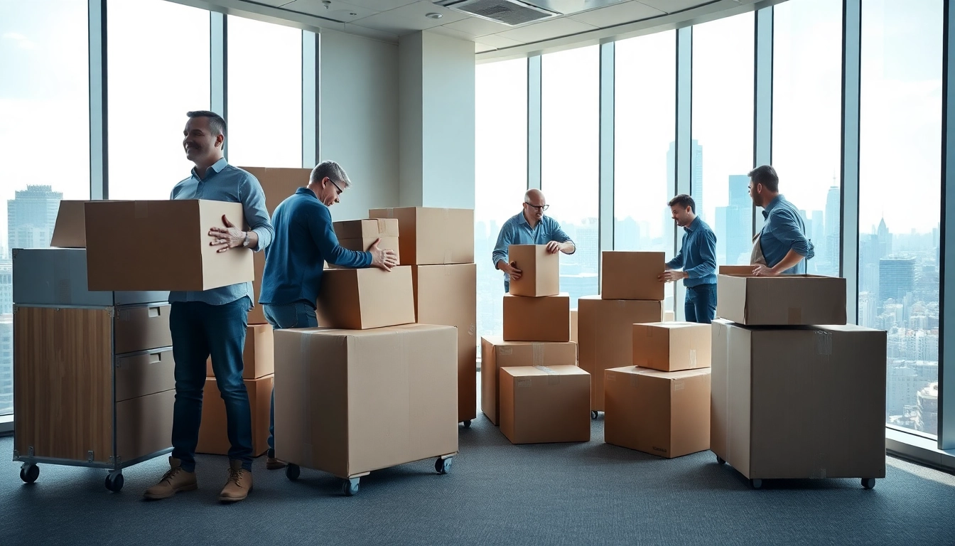 Team of professionals handling Office Moving Services NYC in a well-lit office environment.