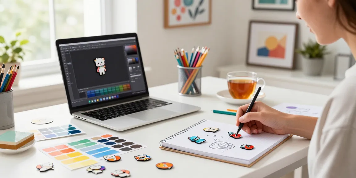 Custom acrylic pins on a designer's desk, showcasing creativity and vibrant samples.