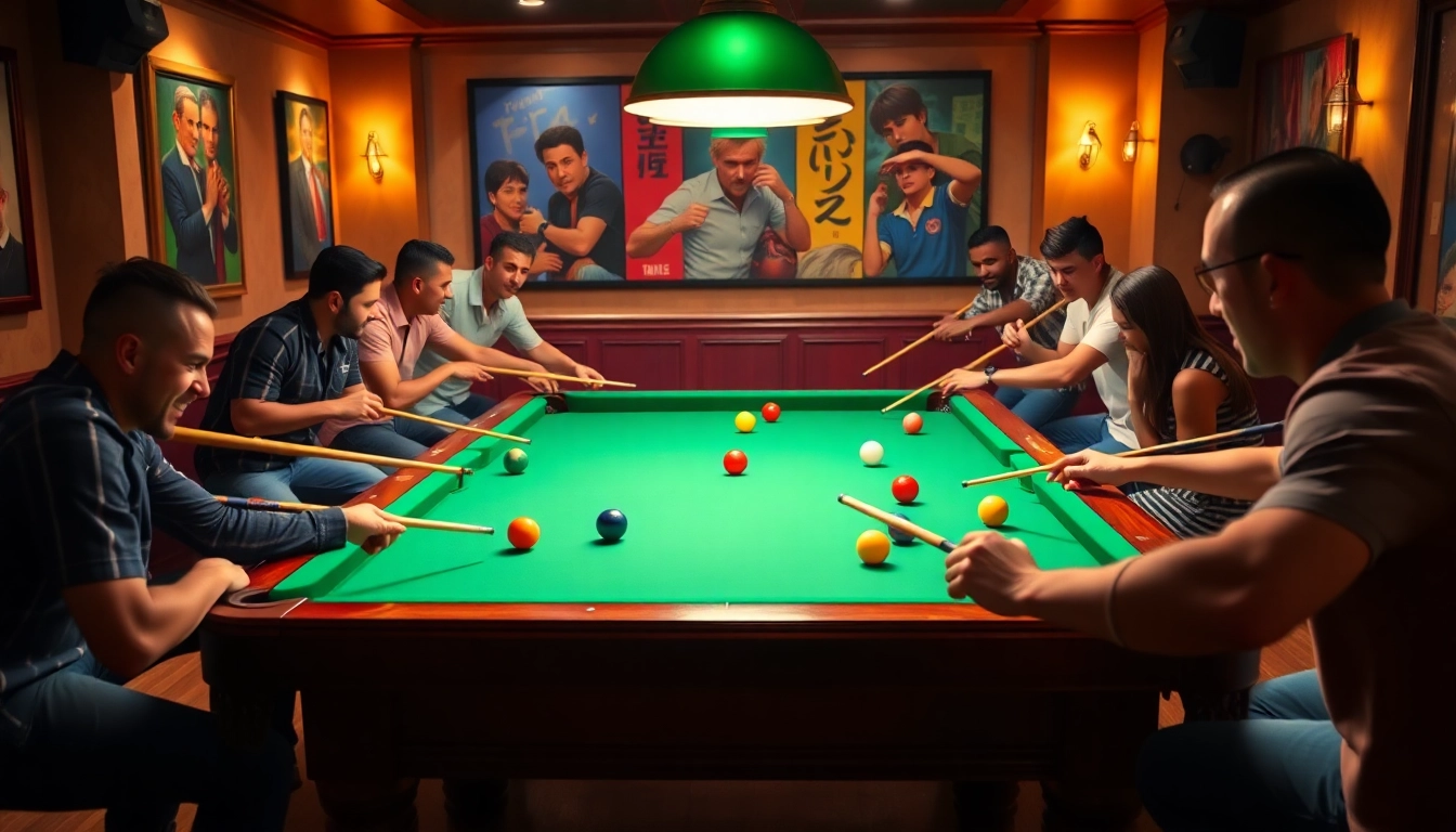 Players enjoying a competitive billiards game around a pool table in a lively setting.
