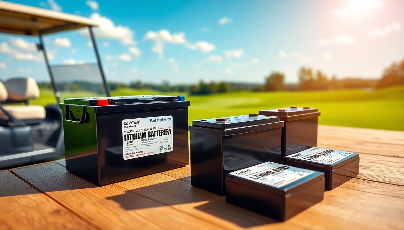 Showcase of lithium golf cart batteries with sleek design against a sunny golf course backdrop.