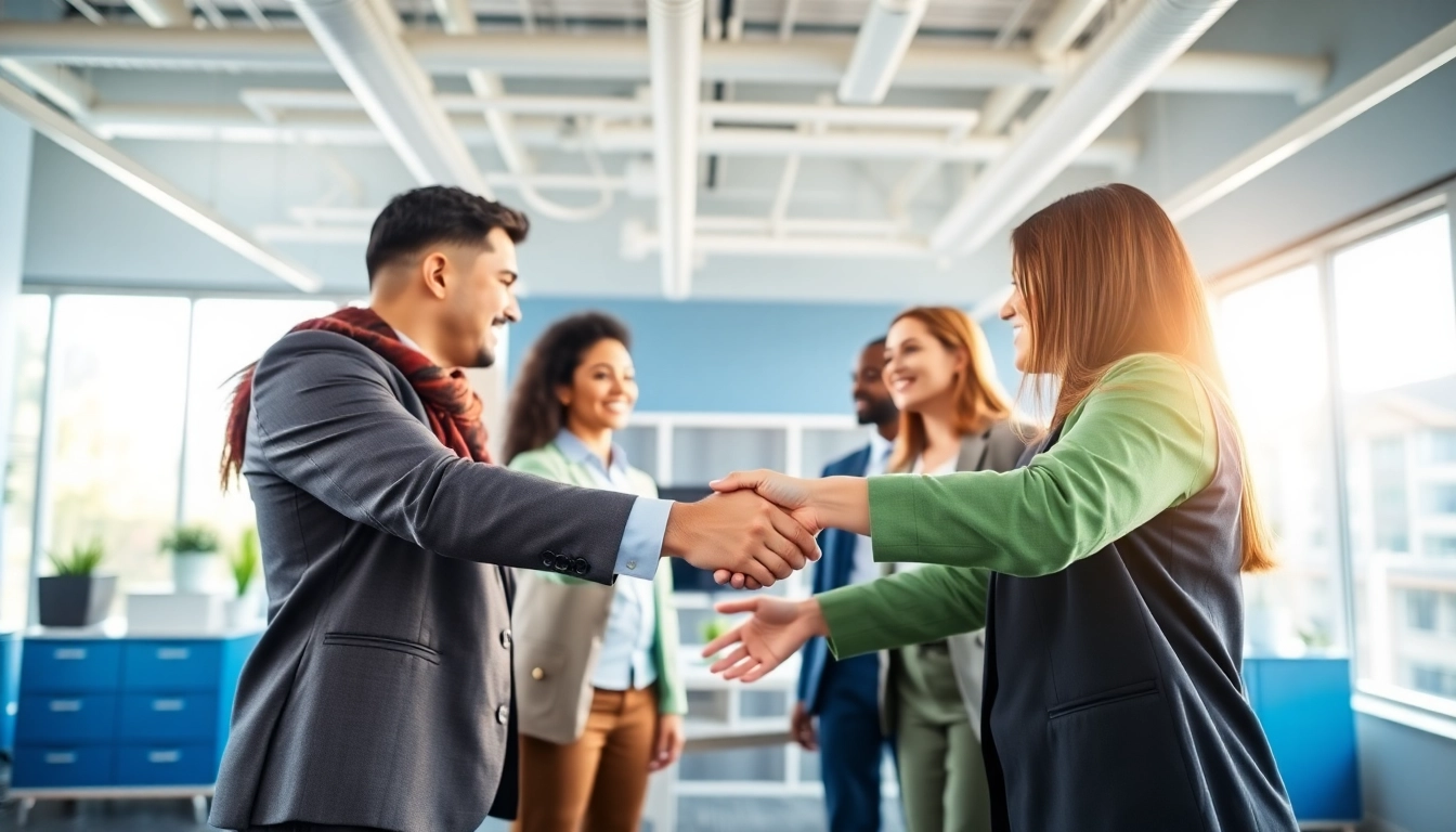 Temp agencies facilitating connections between diverse professionals and clients in a welcoming office.