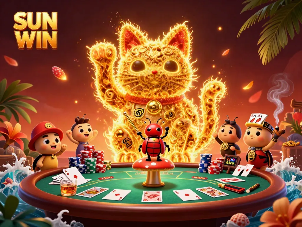 Experience thrilling gameplay with SUN WIN's vibrant 3D illustration showcasing a lucky cat and poker elements.