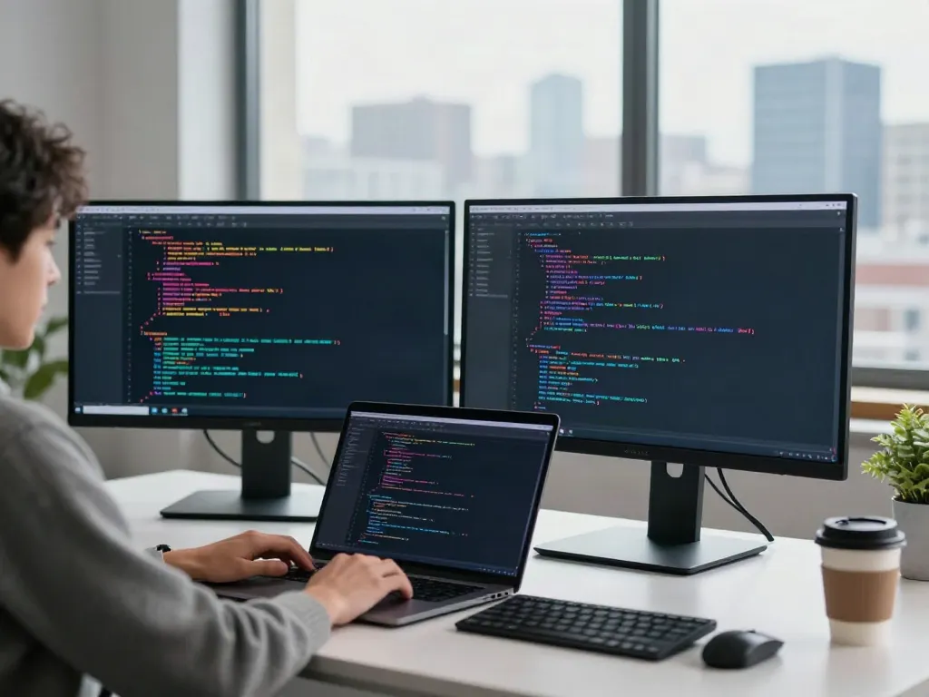 Developer using v2rayN on a sleek modern desk with multiple screens in a bright tech office.