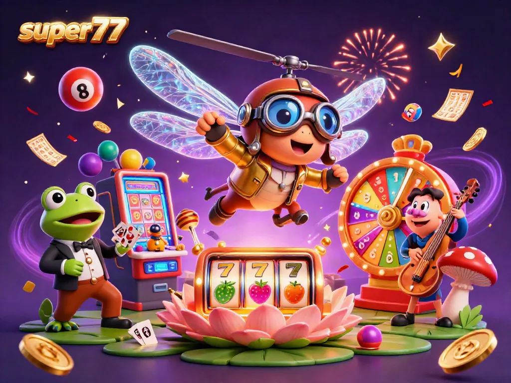 Experience super77 excitement with a dragonfly pilot and frog dealer in a vibrant casino scene.