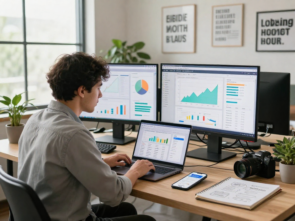 Buy app install process overview with entrepreneur analyzing app growth metrics in modern office