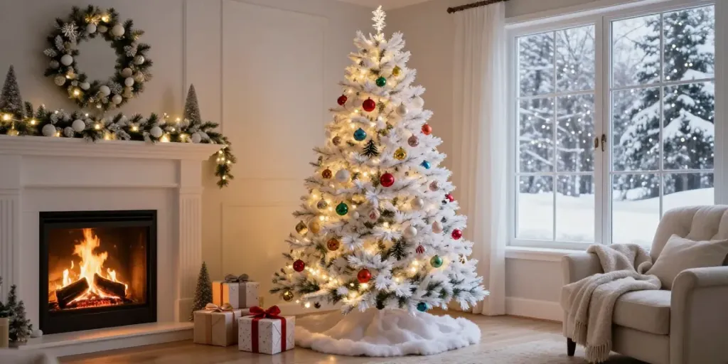 A white colorful Christmas tree adorned with multicolored ornaments and lights in a cozy living room.