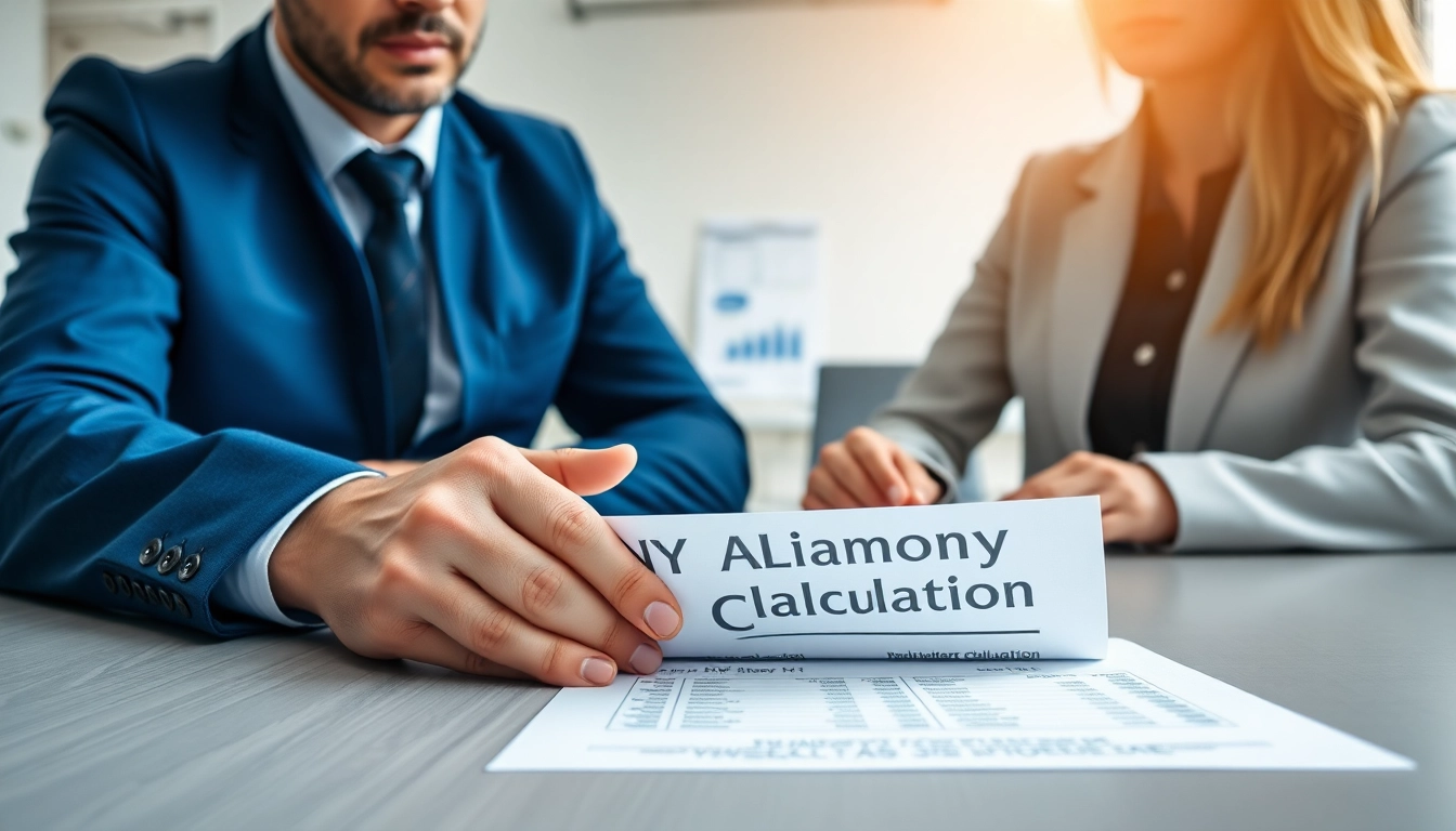 Calculate NY alimony calculator figures with a focused couple negotiating at a bright office.