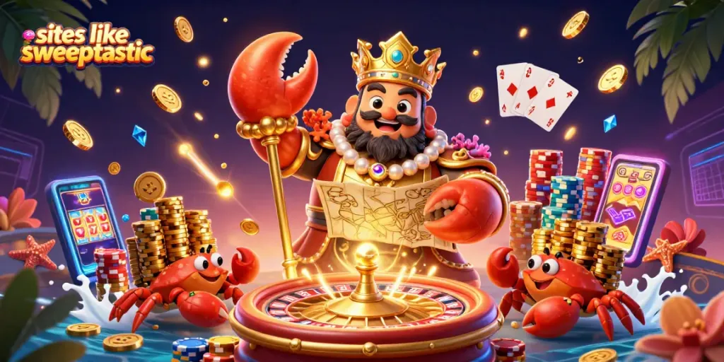 Engage with top sites like sweeptastic featuring a golden crab emperor amidst exciting gambling elements.