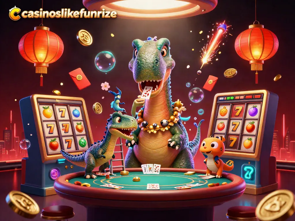 Engage with casinoslikefunrize at a dynamic casino scene featuring playful dinosaurs and vibrant game elements.