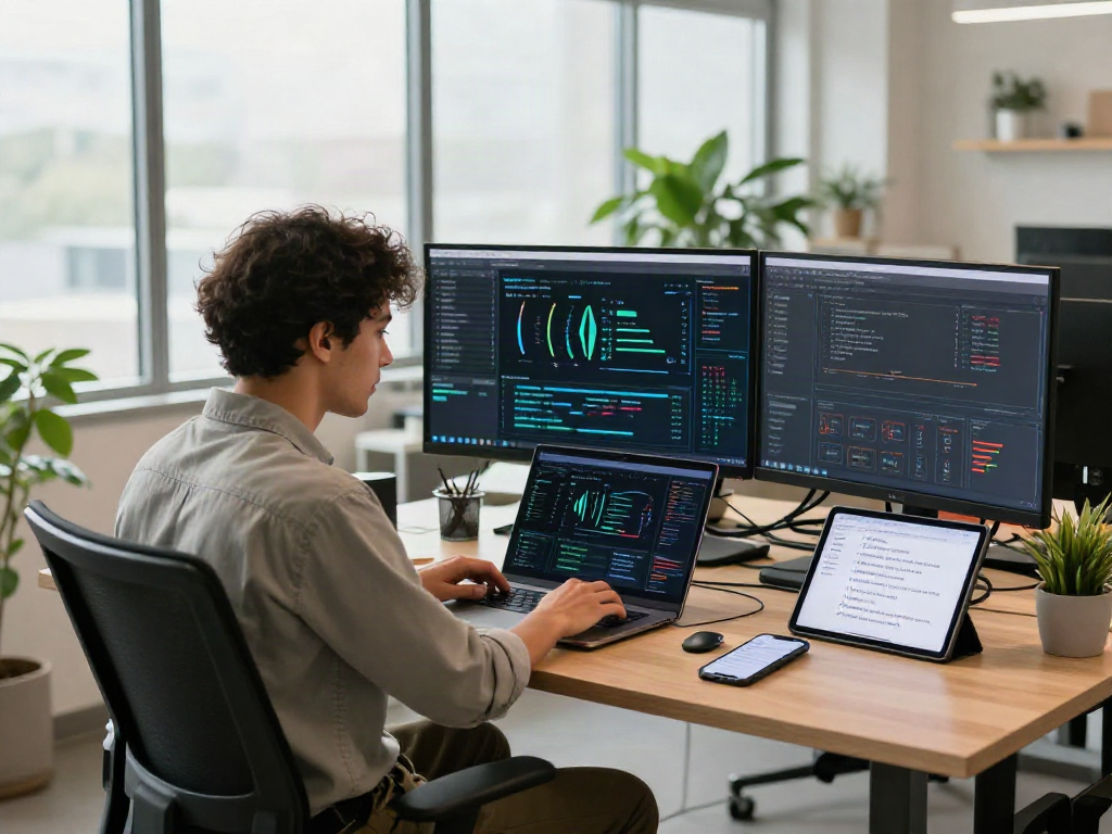 AI Detector workspace scene with analyst reviewing AI detection algorithms in a modern tech office.