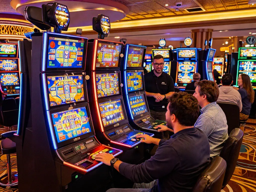 Players enjoying the excitement of slot777 games in a vibrant casino scene.
