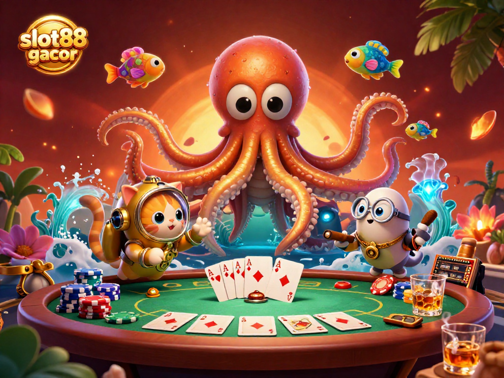 Engage with slot88 gacor as the kraken and diving cat reveal a treasure-filled casino scene featuring poker elements.