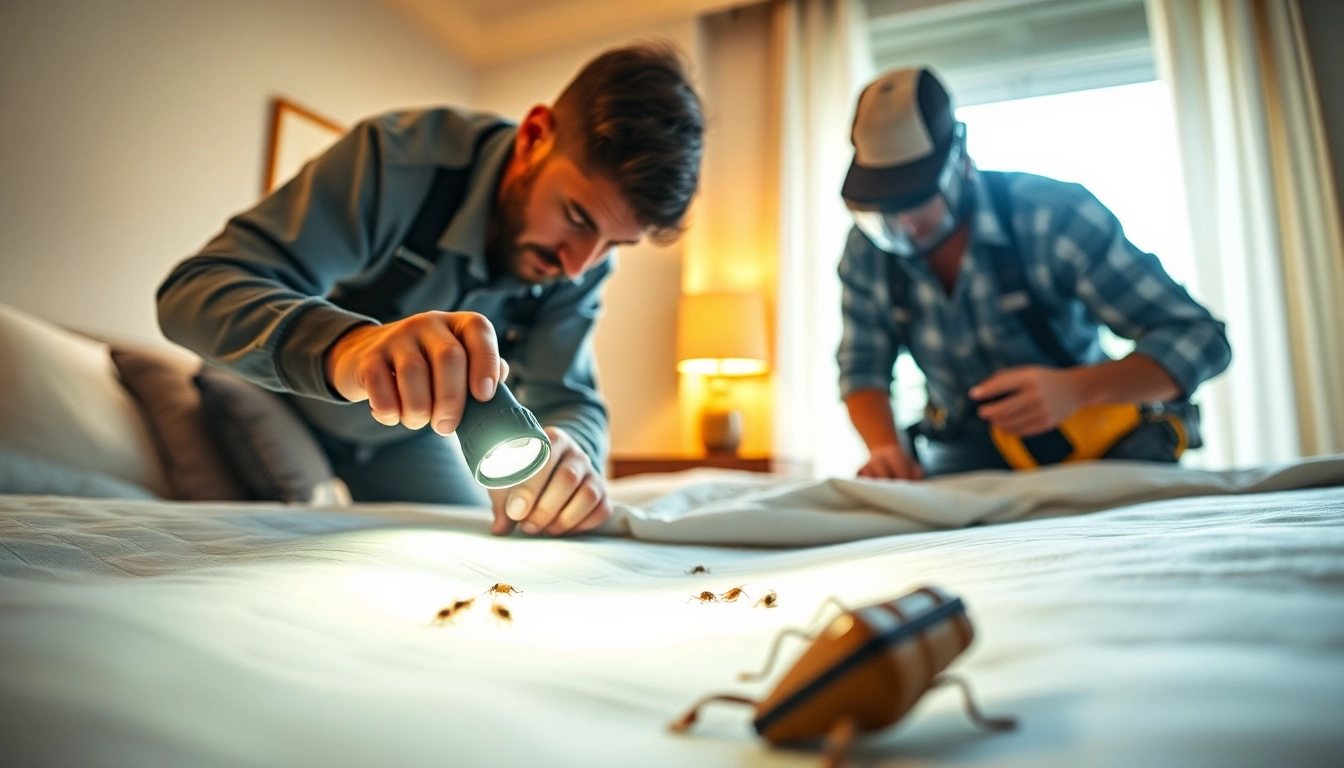Bed bug exterminators examining a bedroom for pest control solutions.