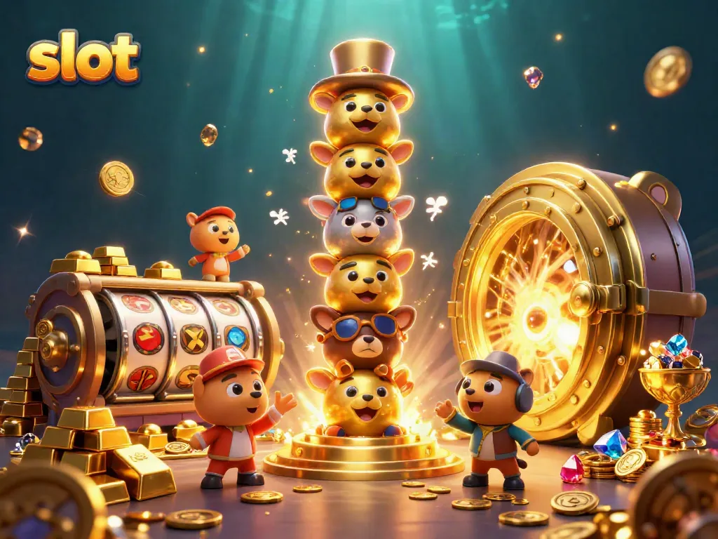 Engage with vibrant slot machine action featuring colorful gems and golden treasures.