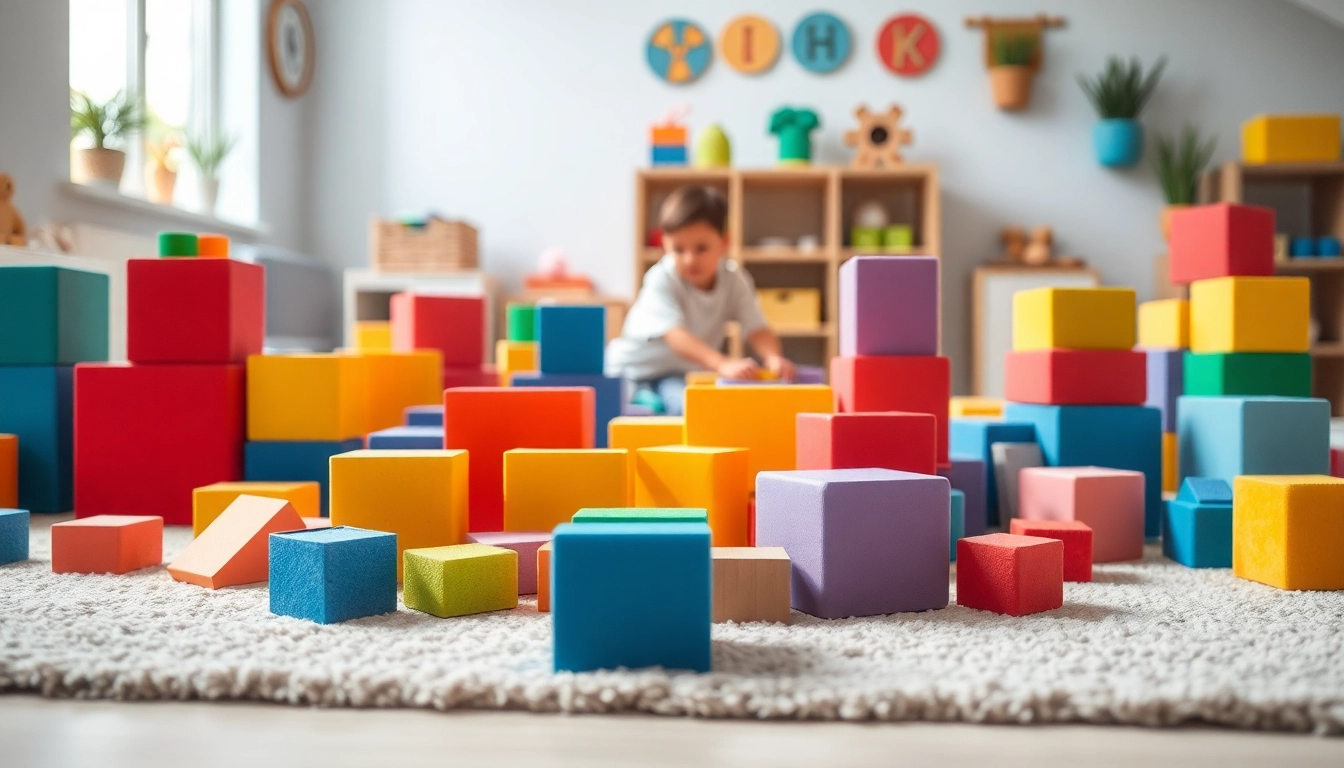 Engaging child play with soft foam building blocks; read more here for creative ideas.