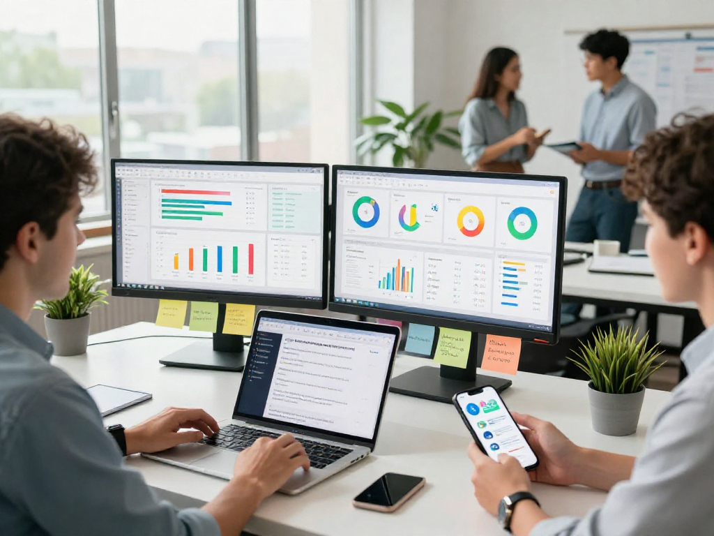 Buy app install analysis in a vibrant digital workspace with analytics dashboards and collaborative team.