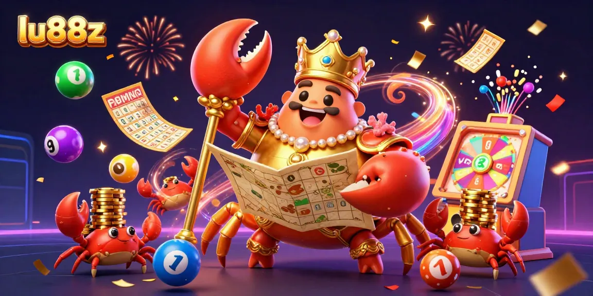 Play exciting games and win with lu88z, featuring a vibrant 3D crab emperor surrounded by lottery elements.
