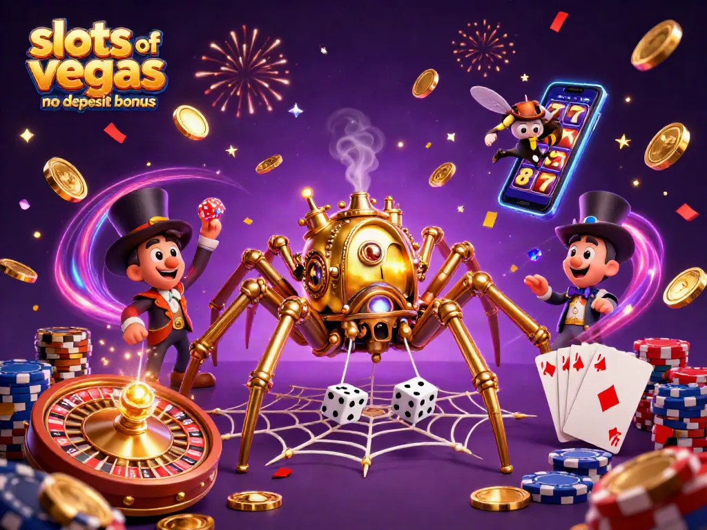 Experience the excitement of slots of vegas no deposit bonus with a steampunk spider and flying coins in a vibrant casino scene.