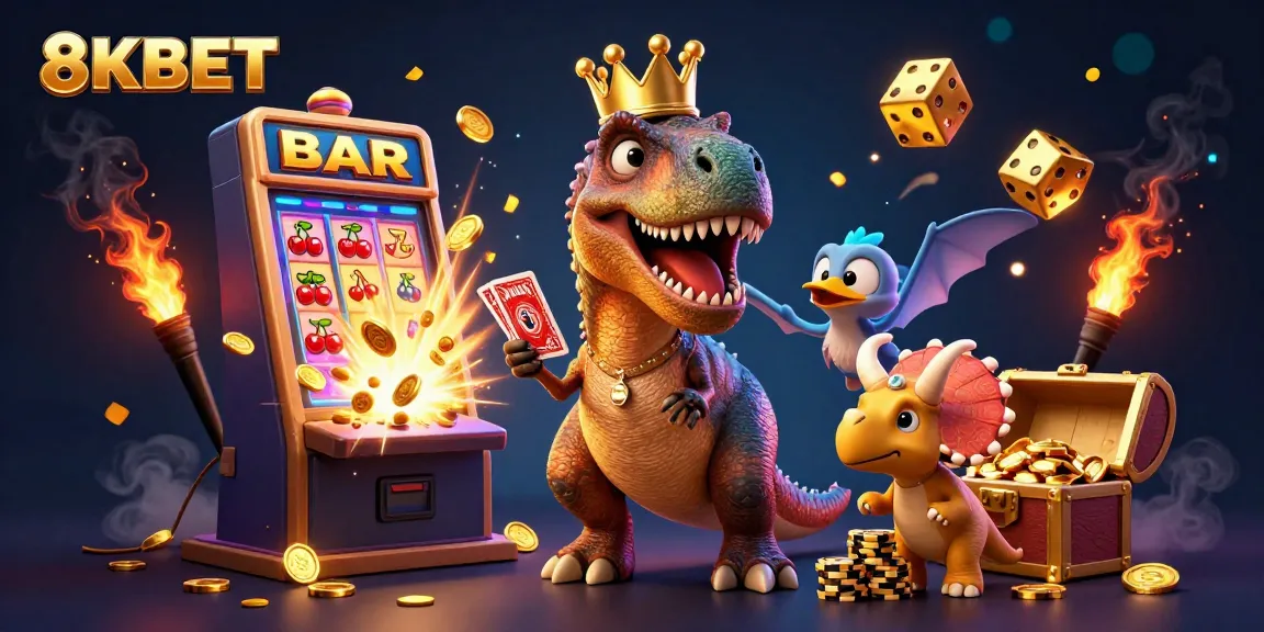 Experience the excitement of 8KBET with a lively T-Rex shuffling cards amidst vibrant casino elements.