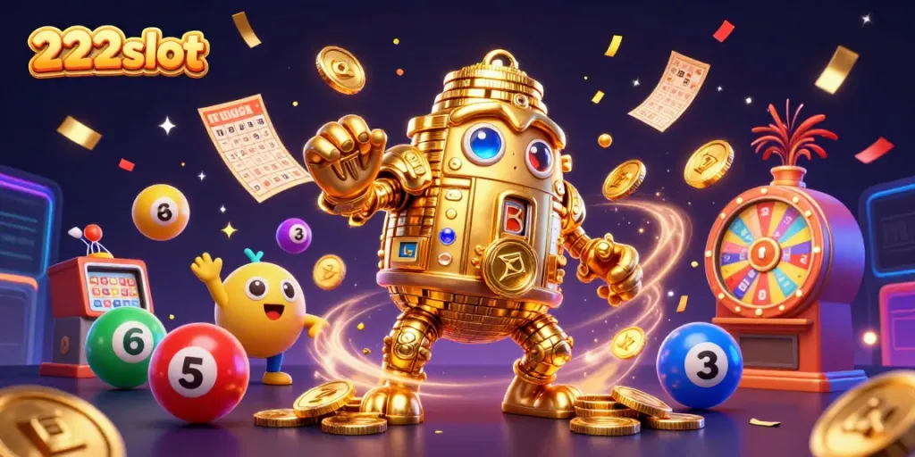 Visualisasi golem emas dan elemen slot, mempromosikan 222slot di kasino online.