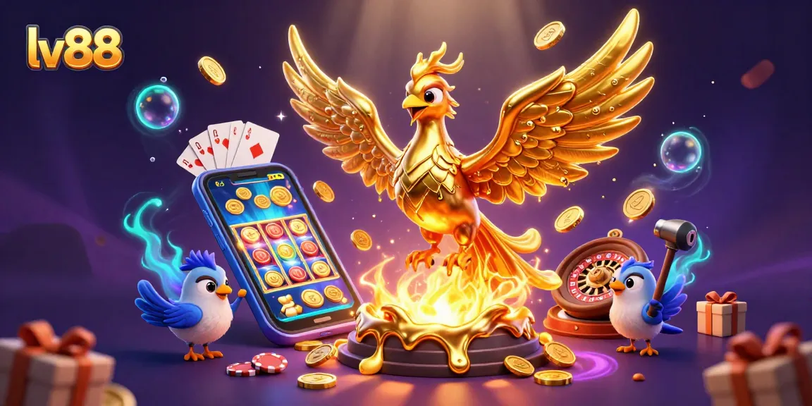 Experience winning strategies at lv88 with an exciting 3D casino scene featuring golden phoenix and slot games.