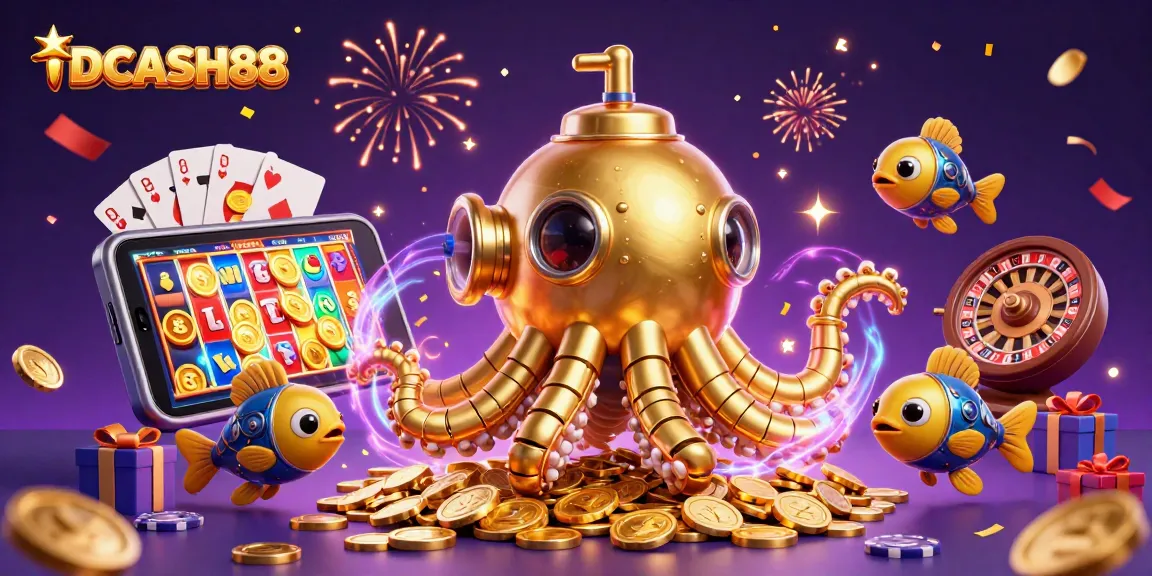 Spin to win at IDCASH88 with a vibrant scene of a golden kraken submarine amidst colorful slot games and casino elements.