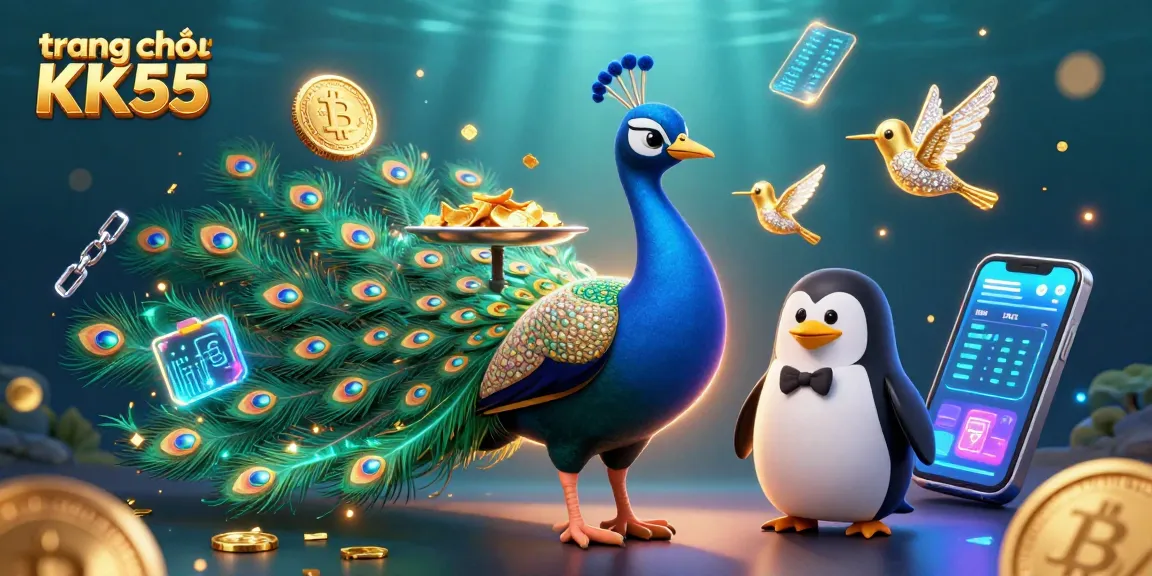 Join the fun at trang chủ KK55 with a vibrant casino scene featuring a peacock, penguin, and hummingbird.