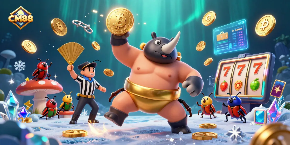 Experience the thrilling action of CM88 with a sumo champion beetle amidst vibrant casino elements.