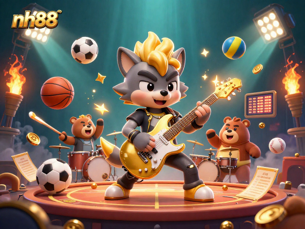 Experience the excitement of nh88 as a cartoon wolf rock star performs at a vibrant casino stage.
