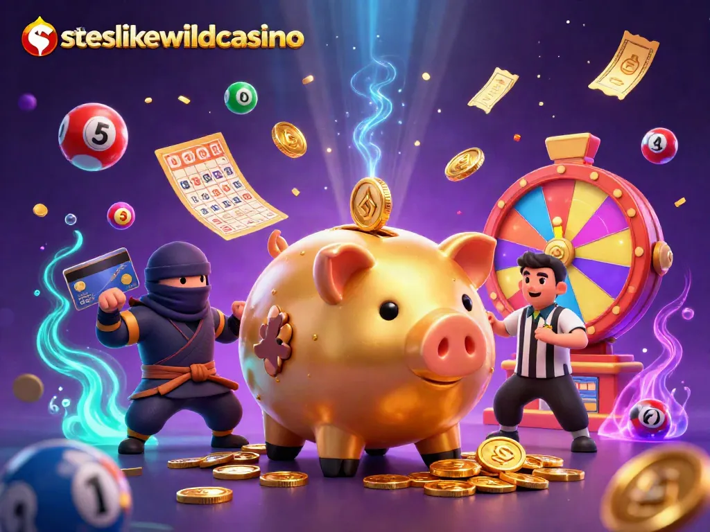 Engage with siteslikewildcasino's vibrant casino scene featuring a golden piggy bank sumo wrestler and plenty of game elements.