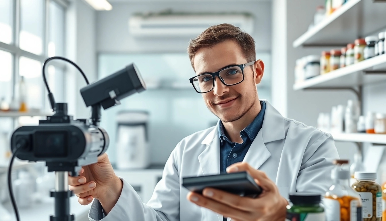 Analyze total nutrition technology in a modern lab with focus on nutritionist and supplements.