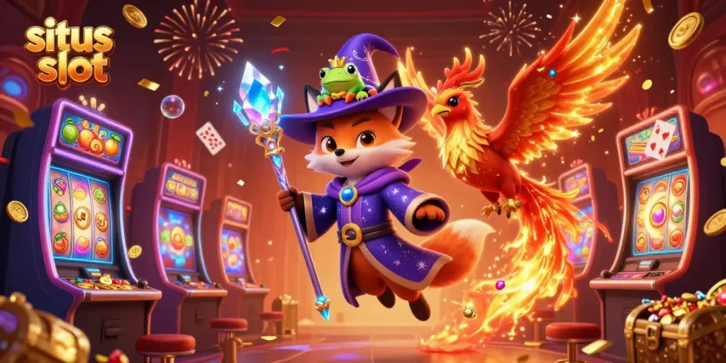 Menangkan situs slot dengan ilustrasi kasino keren, slot mengkilap, dan karakter magis.