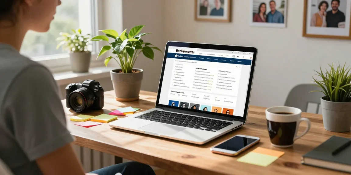 Browsing BedPersonal local classifieds on a laptop in a cozy home office, showcasing user-friendly interface and vibrant atmosphere.