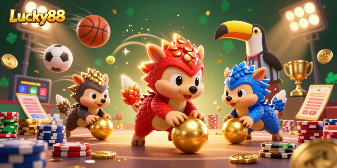 Lucky88 pangolins compete in an exciting casino game, surrounded by sports elements and sparkling confetti.