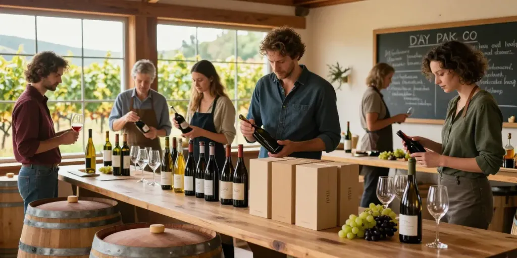 avpwinecollective.com collaborative winemaking environment with artisans crafting wine and engaging with grapes and barrels.