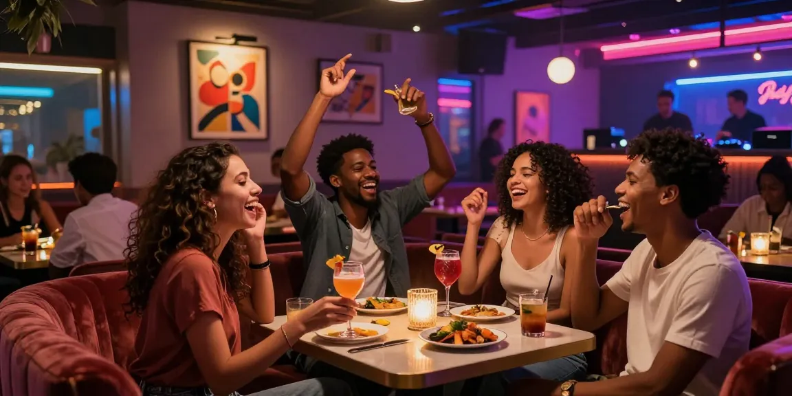 Socializing at a popular 유흥사이트, vibrant nightlife with friends enjoying cocktails in a chic environment.