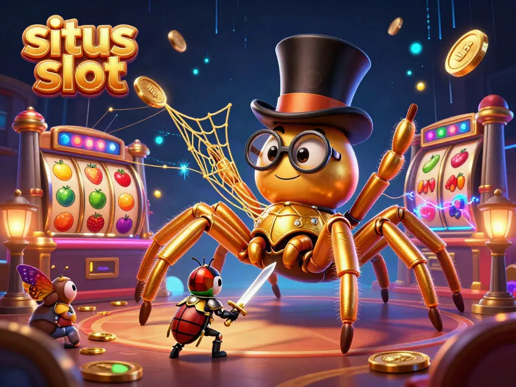 Slot permainan situs slot dengan laba-laba emas dan ksatria kecil berani dalam ilustrasi 3D detail tinggi.
